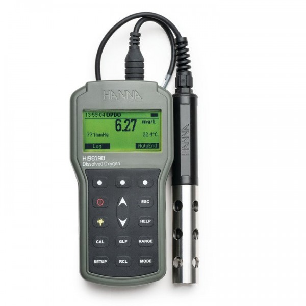 Oxímetro óptico Hanna HI98198 para medir oxígeno disuelto, mostrando una lectura de 6.27 mg/L y temperatura de 22.4°C en su pantalla digital